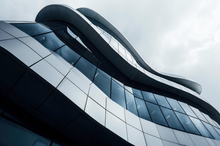 Low angle view of a modern office building exterior featuring curved walls and glass windows reflecting a cloudy skyの素材