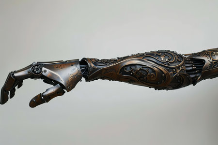 Steampunk prosthetic arm with intricate designs is reaching out with an open handの素材