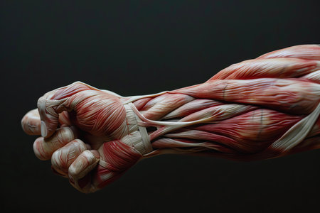 Anatomical model of a clenched fist showing the network of muscles in the hand and forearm on dark backgroundの素材