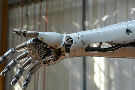 White robot arm with exposed circuitry reaching out with an open handの素材