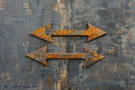 Two rusty metal arrows are pointing opposite directions on a scratched metal background, suggesting a difficult decisionの素材