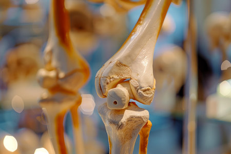Model of a human knee joint showing the articulation of the femur, tibia, fibula and patella bonesの素材