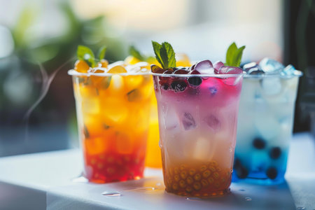 Four plastic cups filled with iced bubble tea and decorated with mint on a tableの素材