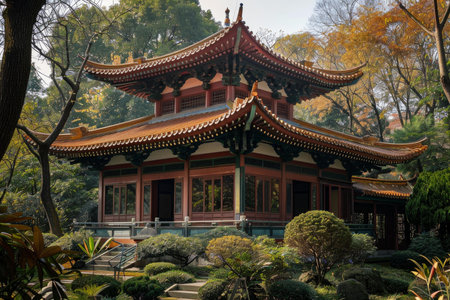 Traditional chinese pagoda standing in a peaceful garden, surrounded by trees with colorful foliageの素材
