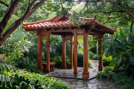 Beautiful wooden gazebo with a tiled roof is the perfect place to relax and enjoy the peace and quietの素材
