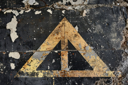 Old weathered yellow hazard triangle symbol painted on black concrete floor showing through from underneath peeling paintの素材