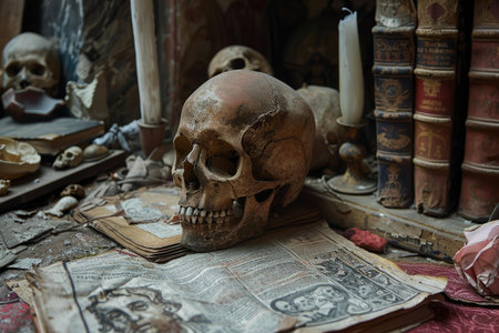 Human skull resting on a stack of dusty antique books on a desk in an ancient study with more skulls, old books and candles in the backgroundの素材