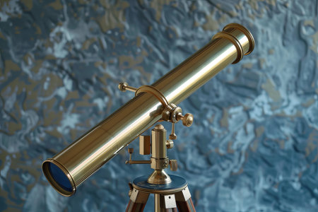 Antique brass telescope on a wooden tripod is standing in front of a blue mottled wall and pointing to the leftの素材