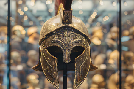 Antique greek corinthian helmet with a red plume is displayed in a museum, showcasing ancient military historyの素材