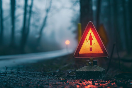 Glowing red triangular road sign standing on a dark forest road in the fog, indicating the direction to followの素材