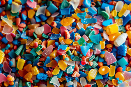 Colorful plastic pieces of various shapes and sizes are forming an abstract background imageの素材