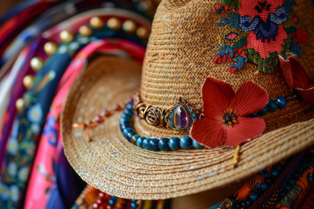 Straw hat is decorated with a flower, a beaded headband, and a colorful metal ornamentの素材