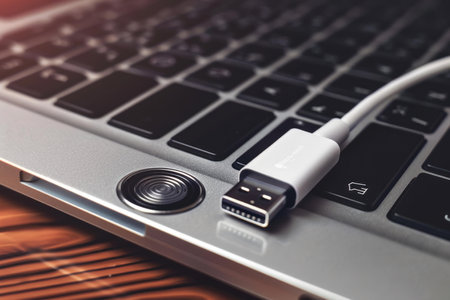 White cable plugged into a laptop with fingerprint sensor on a wooden tableの素材