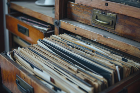 Old wooden filing cabinet with many files inside is opened, revealing its contentsの素材