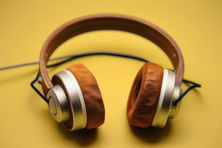 Pair of sleek, modern headphones with a wood and metal design, lying on a bright yellow surfaceの素材