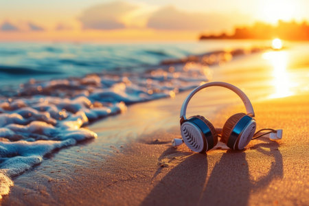 White headphones are resting on a beach at sunset, with gentle waves lapping at the shoreの素材