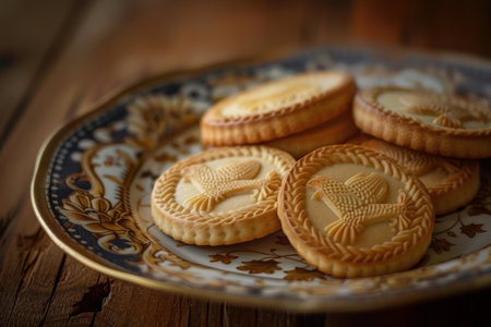 Round cookies with a bird design resting on a decorative plate on a wooden tableの素材