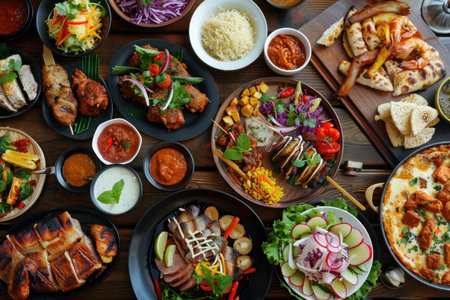 Overhead view of many dishes of prepared food sitting on a wooden table, featuring meat, vegetables, rice, and dipping saucesの素材