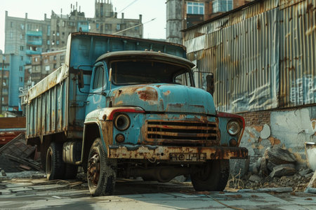 Old, rusty, blue dumper truck is parked in an industrial junkyard, showing signs of age and decayの素材