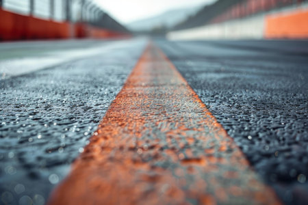 Wet asphalt of a racetrack with an orange dividing line is creating a shiny and textured backgroundの素材