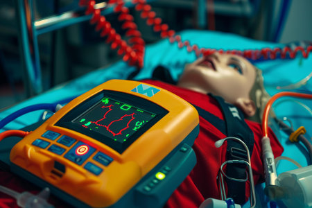 Defibrillator is showing an ekg while lying on a medical manikin during a training exerciseの素材