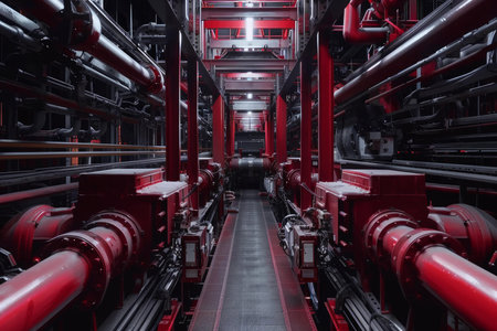 Complex network of pipes transporting fluids in an industrial setting, highlighting the complexity of modern manufacturing processesの素材