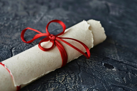 White paper scroll tied with red ribbon placed on black grunge background, conveying a sense of elegance and importanceの素材