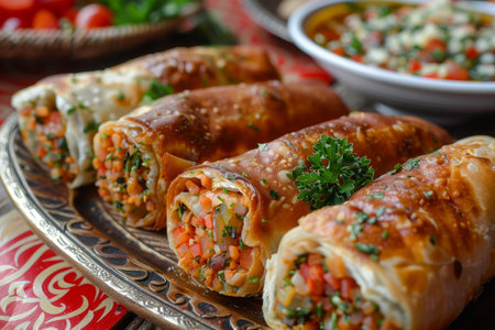 Freshly baked crunchy brick pastry rolls presenting savory filling with herbs on decorated platterの素材