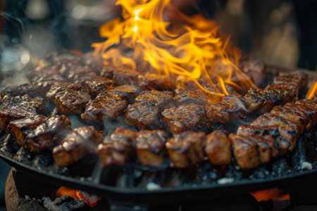 Grilled meat skewers with vivid flames over charcoal grillの素材