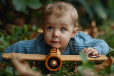 Adorable baby boy lying on his stomach in the grass playing with a wooden toy airplaneの素材