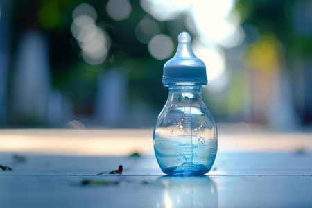 Empty blue baby bottle with white nipple standing on table outdoors with bokeh backgroundの素材