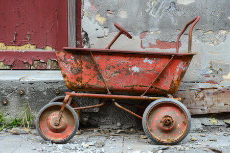 Old red toy wagon with peeling paint is rusting outside a buildingの素材