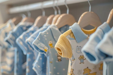 Baby boy clothes in blue, yellow and white hanging on hangers on a clothes rackの素材