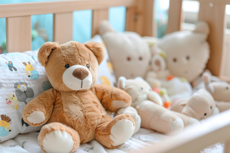 Brown teddy bear is sitting in a crib with other stuffed animals, waiting for a baby to playの素材