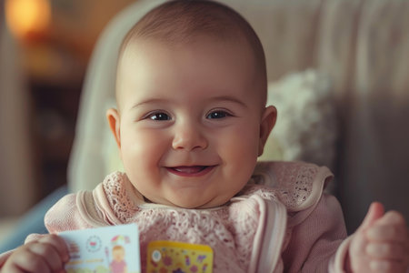 Happy baby girl having fun while playing with colorful stickers at homeの素材