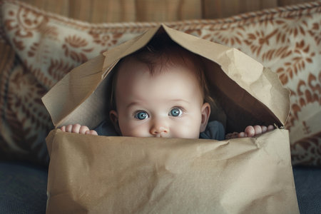 Adorable baby is having fun playing hide and seek inside a paper bagの素材