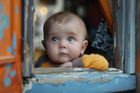 Adorable baby with big blue eyes is leaning on the ledge of an old window and looking outの素材