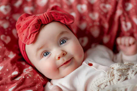 Adorable baby girl is lying on a red blanket with hearts and smilingの素材
