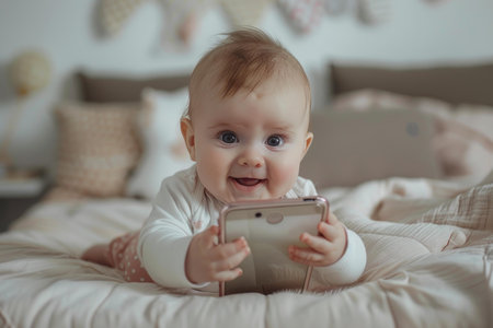 Happy baby girl is lying on a bed and playing with a smartphoneの素材