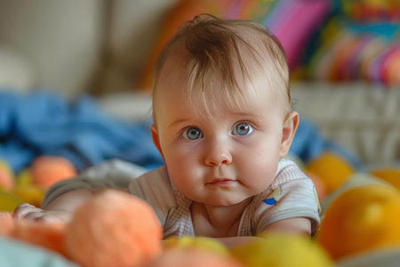 Baby girl is lying on her stomach on a soft surface and looking curiouslyの素材