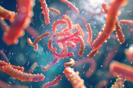 Microscopic 3d illustration of rod shaped bacteria with flagella moving through a mediumの素材