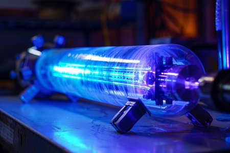 Powerful blue laser beam is emitting light inside a vacuum chamber in a scientific laboratoryの素材