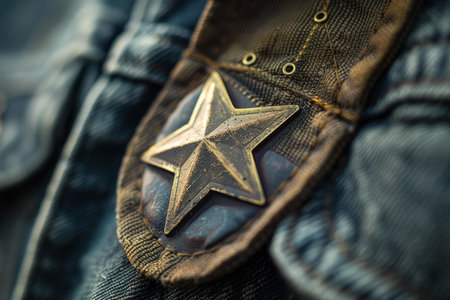 Bronze sheriff star is sewn onto denim fabric, representing law enforcement and the wild westの素材