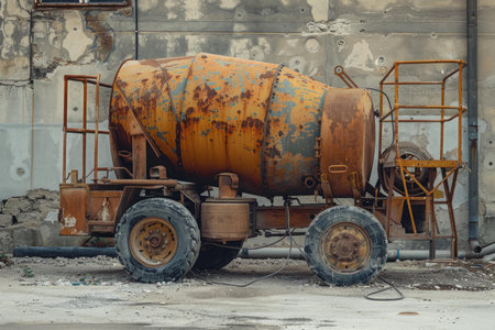 Old rusty abandoned concrete mixer truck parked near a wall in an industrial wastelandの素材