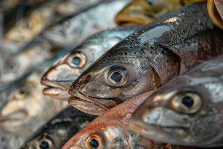 Fresh fish lying in a row at the market, ready to be sold to discerning customersの素材