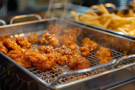 Korean fried chicken steaming on a metal grill in a commercial kitchenの素材