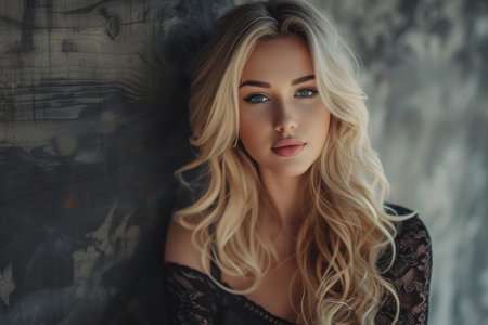 Portrait of a beautiful blonde woman with wavy hair wearing a delicate lace topの素材