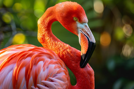 American flamingo is grooming its pink and orange feathers in a tropical settingの素材