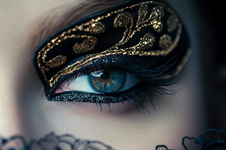 Close up of a blue eye with sophisticated makeup, wearing golden and black eyeshadow with a floral pattern and laceの素材