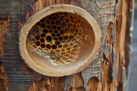 Honey bees working on a honeycomb inside a log beehive made from a tree trunkの素材